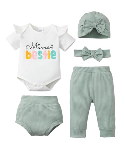 Image of SUNNY PIGGY Baby Girl Clothes Infant Newborn Girls Outfits Romper with Headband Hat Pants Shorts Set 5Pcs