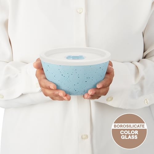Image of Borosil 500ml Serving & Mixing Bowl with Lid | Made in India Borosilicate Glass Bowl for Kitchen & Dinning | Bowl for Mixing Dough, Salad, Batter | Microwave & Dishwasher Safe (Blue)