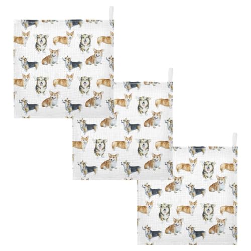 Image of vvfelixl Baby Cotton Washcloths Realistic Corgi Infants Bath Towel for Unisex Face Towels for Newborn, Natural Baby Wipes Delicate Skin, 11.8 X 11.8 inch, one sizex3