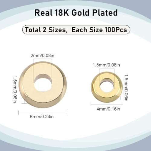 SUNNYCLUE 1 Box 200Pcs Gold Spacer Beads 4mm 6mm Real 18K Gold Plated Brass Beads Bulk Flat Round Golden Heishi Disc Beads Small Thick Rondelle Loose Spacer Beads for Jewellery Making Beading Supplies - Image 2