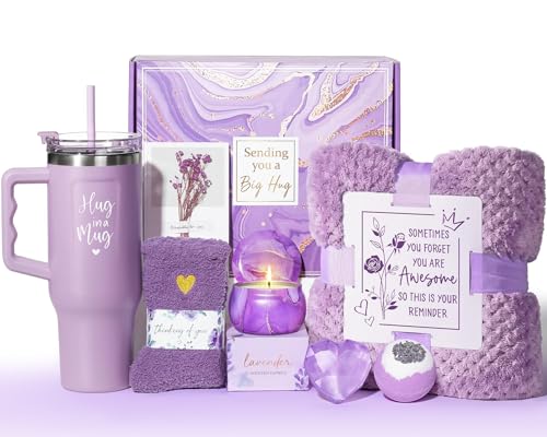 Birthday Gifts for Women Self Care Get Well Soon Gifts Lavender Relaxing Spa Bath Gift Basket Care Package w/ Flannel Blanket 40 OZ Tumbler Mothers Day Gift for Mom Her Wife Girlfriend Grandma