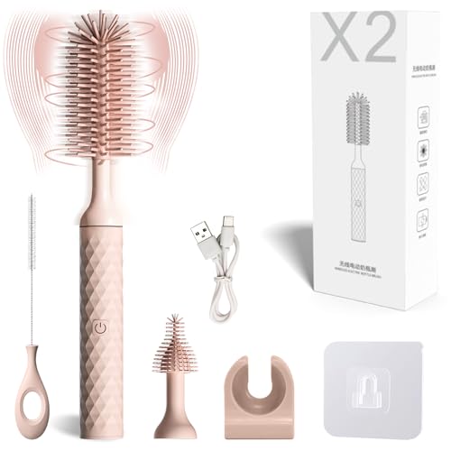 Image of QIUXQIU Electric Bottle Brush Baby Bottle Brush Nipple Brush Straw Cleaner Brush,Rechargeable Battery Electric Baby Bottle Cleaner,for Pregnant Women and New Mom (Pink)