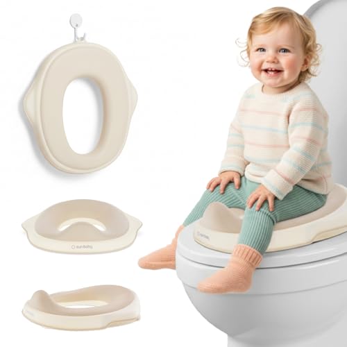 sun baby Reductor de WC, Adaptador WC Niños 2 a 6 años - antideslizante, forma perfilada, fácil de limpiar, se adapta a los inodoros estándar - Blanco y beige
