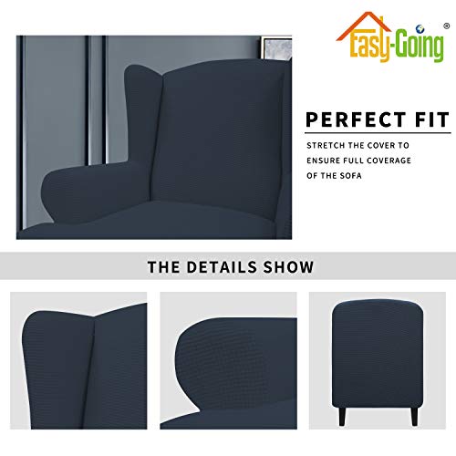 Image of Easy-Going Stretch Large Wingback Chair Sofa Slipcover Dark Blue | 1-Piece Sofa Cover Furniture Protector Couch Soft with Elastic Bottom, Spandex Jacquard Fabric Small Checks