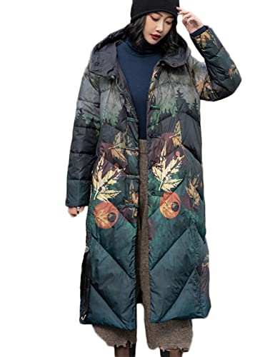 LUZU JUNU Women's Quilted Down Jacket Hooded Printed Frog Buttons Winter Long Coat