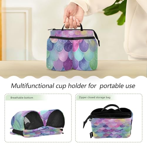 Image of Luggage Cup Holder for Suitcases Free Hands Suitcase Cup Holder Travel Luggage Drink Holder Portable Luggage Cup Caddy Bag Carrier with Handle Watercolor Mermaid Scales Colors