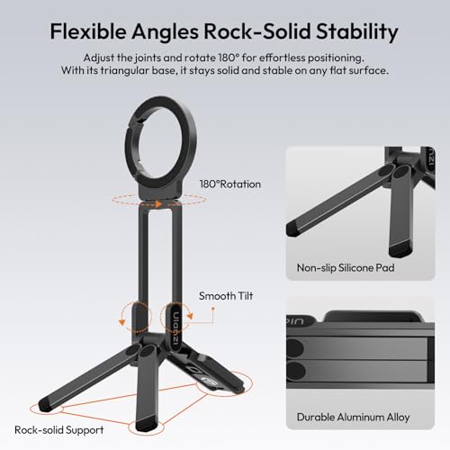 Image of ULANZI MA38 Magnetic Phone Tripod for iPhone, Portable Phone Holder Mini Tripod for Magsafe with Double-Sided 1 /4'' Screw Arca Uka Port Foldable Hook for iPhone 17 /16 /15 /14 /13 /12, Travel Vlog Black
