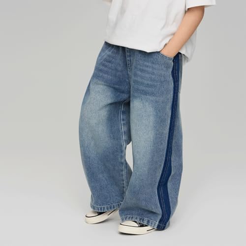 Baggy Jeans Kids Loose Fit Wide Leg Jeans Preppy Streetwear Side Striped Baggy Pants Boys High Elastic Waist Denim Pants2