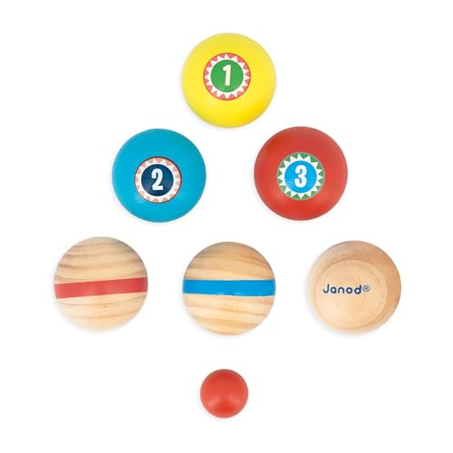 Janod, Applepop Children’s Boules Set Game of Skill, 6 Boules Balls + 1 Jack + 1 Bag, Kids’ Outdoor Game, FSC Wood Toy