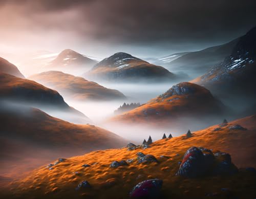 Toile murale paysage fantastique des Highlands brouillard déco salon 50x70cm