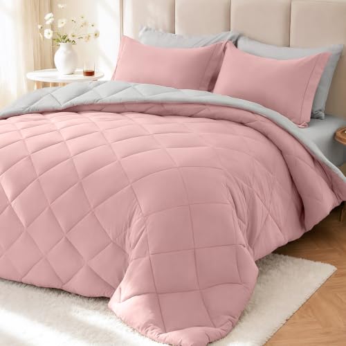 Twin Comforter Set 5 Pieces, Reversible Bed in a Bag, Pink/Light Grey - image 1