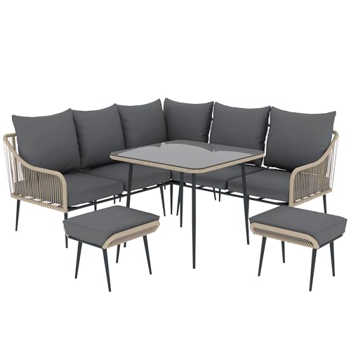 Outsunny 6 Pieces Rattan Garden Furniture Set, Garden Corner Sofa with Thickened Cushions, Outdoor Dining Set with Glass Top Dining Table, Loveseats and Footstools for Conservatory, Light Brown