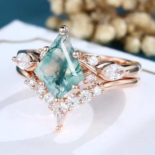 Kite-Cut Natural Moss Agate & Lab-Created Moissanite Wedding Band with Bridal Engagement Ring Set 925 Sterling Silver for Women Elegant, and Timeless4