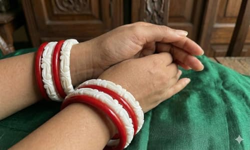 Image of HAPPYCRAFT Original Shakha Pola Bangles - (Pack of 4) | Bengali Traditional Red and White Acrylic Bangles Set for Married Women | Jewellery for Puja Wedding Bridal Ethnic Wear | Comfortable