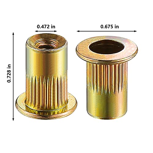 Image of Wensilon Rivet Nut 3 /8-16UNC 100Pcs Yellow Zinc Plated Finish Flat Head Rivnut Threaded Insert Nut Knurled Body