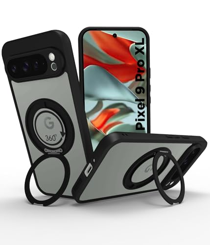 Image of RIGGEAR Shockproof Sleek Hybrid Armor 360 Rotating Magnetic Ring Stand Back Cover Case Compatible with MagSafe Accessories for Google Pixel 9 Pro XL (Clear PC + Black TPU Bumper)