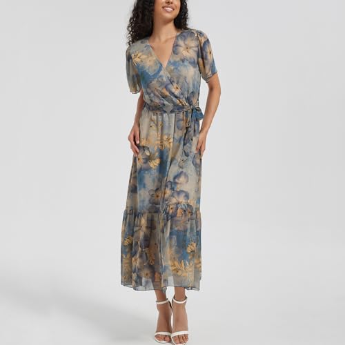 Image of Women's Summer Bohemian Floral Chiffon Dress Cap Sleeve V Neck Ruffle Long Flowy Boho Casual Vacation Dresses