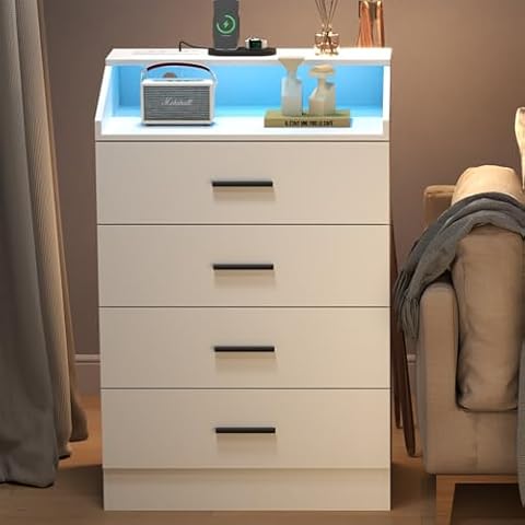 Nightstand with Charging Station and LED Lights, White Nightstand with Drawers, End Side Table with Open Storage Cubby, Modern Bedside Table for Bedroom, Night Stand Organizer Living Room (4 Drawers) Cover
