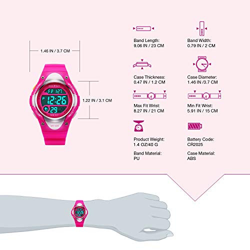 Digital Watches for Girls Gifts - Kids Outdoor Sports Watch with LED Backlight, 5 ATM Waterproof Childrens Sport Electronic Wrist Watches with Alarm Clock Week Chronograph for Teenagers Rose