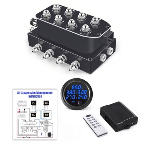 CNWZYMX 12V Air Management featuring 8-Valve Air Ride Suspension Manifold with 10-Button Wireless Remote Controller and Five-Way Blue Display Air Pressure Gauges