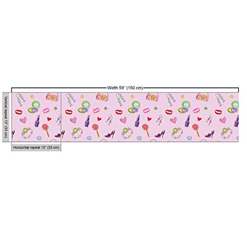 Ambesonne-Cartoon-Fabric-by-The-Yard-Girls-Illustration-with-Fashion-Accessories-and-Makeup-Lollipop-Flower-Print-Decorative-Fabric-for-Upholstery-and-Home-Accents-1-Yard-Pink-Purple