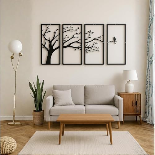 Camin Modern 4-Piece Tree Wall Art Panel Set | Branch & Birds Design | MDF Wooden Wall Hanging | 3D Matte Finish | Items For Living Room/Bedroom/Drawing Room/Dining Room | 40x22 cm Each - Black