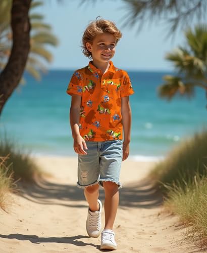 Kids Hawaiian Shirt Boys Golf Polo Beach Top Tropical, Short Sleeve Aloha Printed Tee4