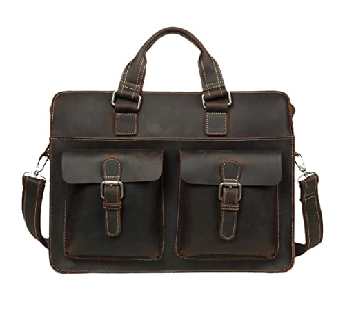 Vintage Men's Genuine Leather Briefcase Crazy Horse Leather Messenger Bag 15.6