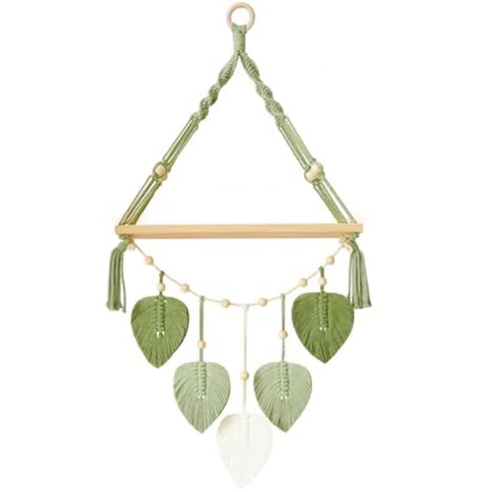 NIZEAMI Macrame Wall Hanging Shelf-Boho Wall Plant Hanger Shelves with Handmade Woven Leaves, Rustic Wood Storage Display Shelf