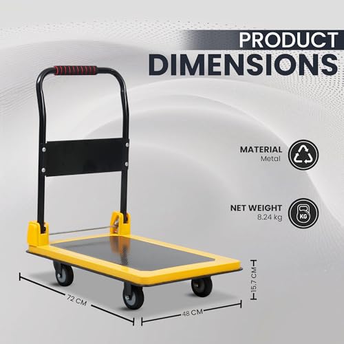 Image of Robustt 200 Kg Heavy-Duty Metal Foldable Platform Trolley (Yellow) | Hand Truck with 360 Rotating Wheels & Cushioned Grip | Material Handling Cart for Home, Office, Warehouse & Industrial Use
