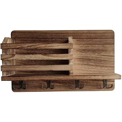 Geepro Wall Mount Key Holder Hooks Wooden Entryway Rustic Farmhouse Key Mail Holder Rack Organizer (Dark Brown) Cover