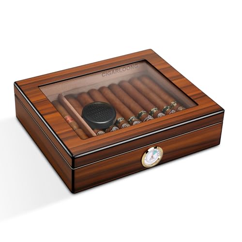 CIGARLOONG Cigar Humidor Brown 20-25 Desktop Cedar Wood Lined Cigar Storage Box with Hygrometer and Humidifier (Small)