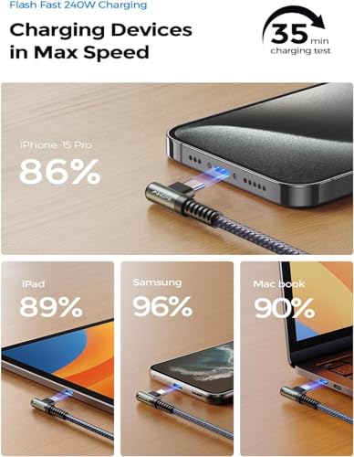Image of AINOPE 240W USB C to USB C Cable Fast Charging 15FT,Right Angle Fast Type C Charging Cable Fits iPhone 16 Pro Max Plus,iPhone 15,MacBook Air /Pro,iPad Pro,Samsung,Pixel,All Devices, Grey, 1 Pack