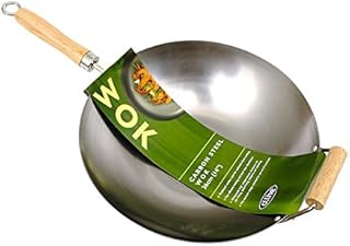 Chinese Wok Stir Fry 36cm Wooden Handle Flat Base Professional Carbon Steel