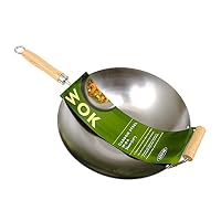 Chinese Wok Stir Fry 36cm Wooden Handle Flat Base Professional Carbon Steel