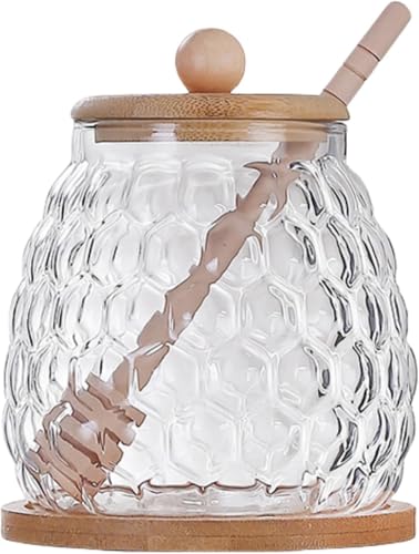KASTWAVE Glass Honey Pot Clear with Wooden Dipper and Lid Jam Jar Honey Container Glass Honey Equipped for Storage Home Kitchen 350ml
