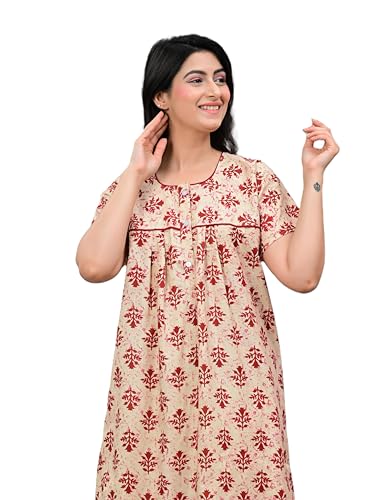 Image of DIAMO Pure Cotton Designer Nighty for Women | Night Gown | Nightdress | Maxi Nighty | Sleepwear | Jaipuri Nighty | Nighties | Cotton Night Gown for Women /Girls with Jaipuri Block Print