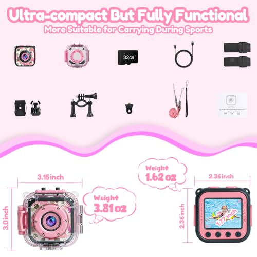 Image of PROGRACE Pool Toy & Kids Underwater Camera - IP68 Waterproof Action Camera for Boys Ages 3-12, 1080P Video, 32GB Card, Mount for Bike & More, Birthday Gift for Diving, Swimming, Riding, Snorkeling