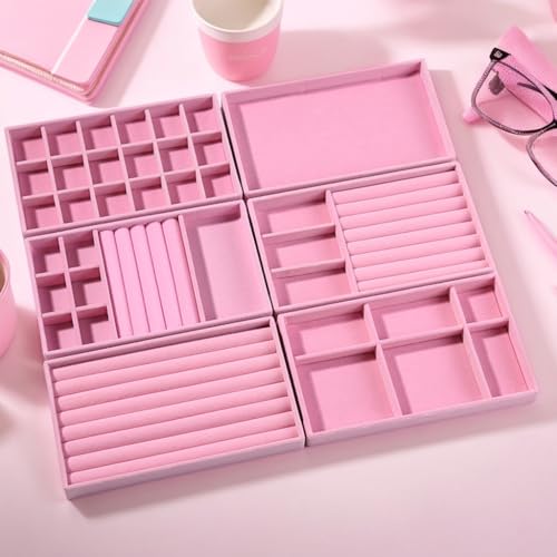 Cnwinu Jewellery Tray 6Pcs,Jewellery Organiser Display,Earring Storage Organiser,Stackers Jewellery Box Organiser,Wardrobe jewelry Storage Drawers,Holds Makeup,Necklace,Bracelet,Jewellery,Ring(Pink)