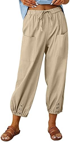 Akivide Women's High Waist Drawstring Cotton Linen Pants with 2 Pockets Straight Wide Leg Capri Cropped Trouser for Women