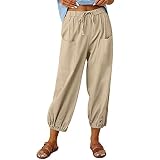 Akivide Women's High Waist Drawstring Cotton Linen Pants with 2 Pockets Straight Wide Leg Capri Crop