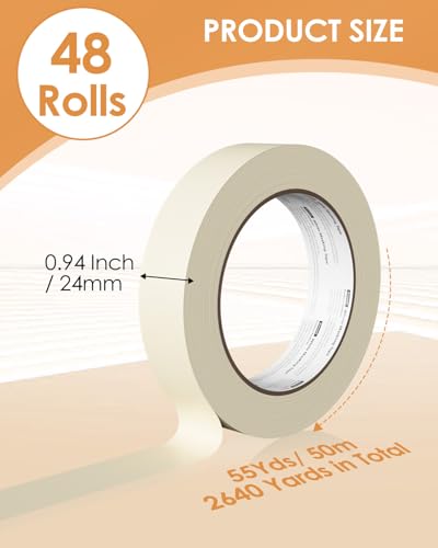 Image of 48 Rolls Masking Tape Bulk - 1 Inch Beige Tape General Purpose | UV & Heat Resistant, Removes Cleanly - 0.94 in x 55 Yd per Roll - Total 2640 Yds - Crisp Lines for Art, Drafting & Crafts