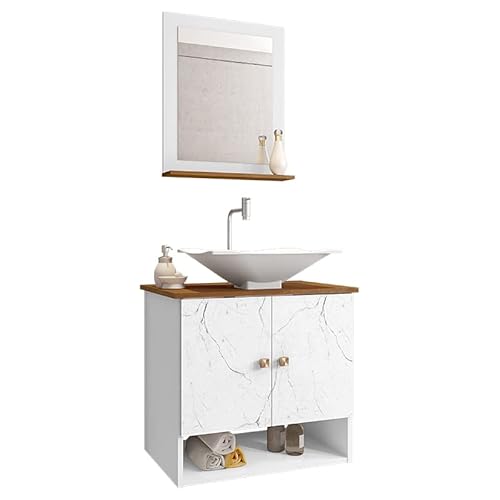 Gabinete Arm Banheiro Deli 2 Portas com Cuba Concava Branca Cor: Branco-Carrara/Nature