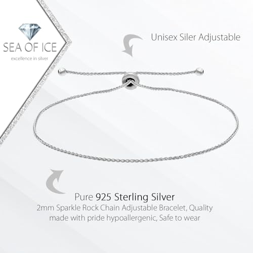 SEA OF ICE Sterling Silver 2mm Sparkle Rock Chain Adjustable Bracelet for Women3