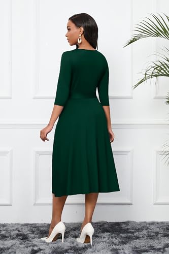 Image of CLOCOR Midi Dresses for Women Casual A-Line Fit and Flare Dress Crewneck 3 /4 Sleeve Keyhole Cocktail Party Church Dress