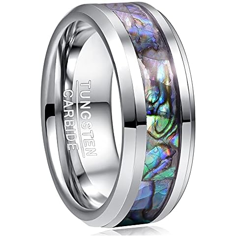 VAKKI Tungsten Carbide Ring with Abalone Shell Inlay for Men Women Wedding Band Beveled Edge Size S Cover