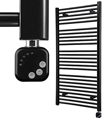 HEATSUPPLY Handtuchheizkörper elektrisch schwarz matt 1142x600mm Badheizkörper elektrisch mit Thermostat inkl. 600 Watt Heizstab No. 4 mit Timer Cover