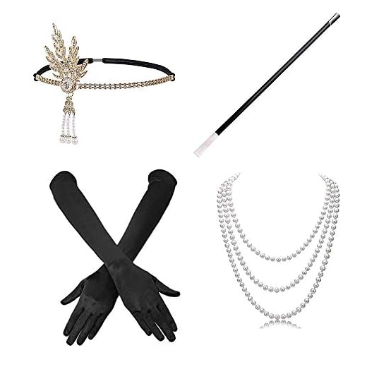 Amasawa 4 Piezas Juego de Accesorios Cabeza Vintage Guantes Largos de satén Collar de Perlas Soporte Largo para Mujer 1920s Charleston Gatsby Retro Disfraz (Negro)