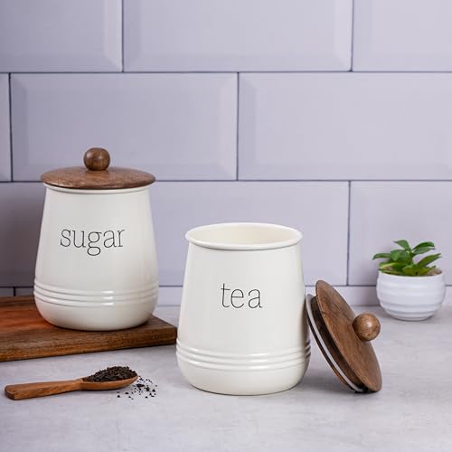Image of Metallure Home Stylish Airtight Container Set | Sugar Tea Coffee Container Set of 3 | Metal and Wood Lid Canister for Kitchen Storage | Food-Safe Jar Set for Kitchen (Cream)