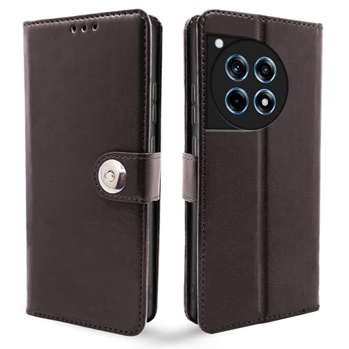 Image of Pikkme OnePlus 12R 5G Flip Cover Leather Finish | Inside TPU with Card Pockets | Wallet Stand and Shock Proof | Complete Protection Button Flip Case (Coffee)